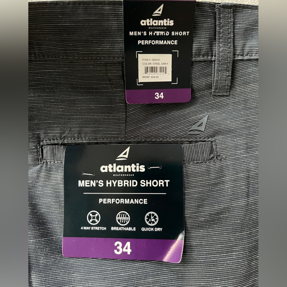 NWT-Men’s Atlantis Hybrid Performance Quick Dry Stretch Steel Grey Short (Sz 34)